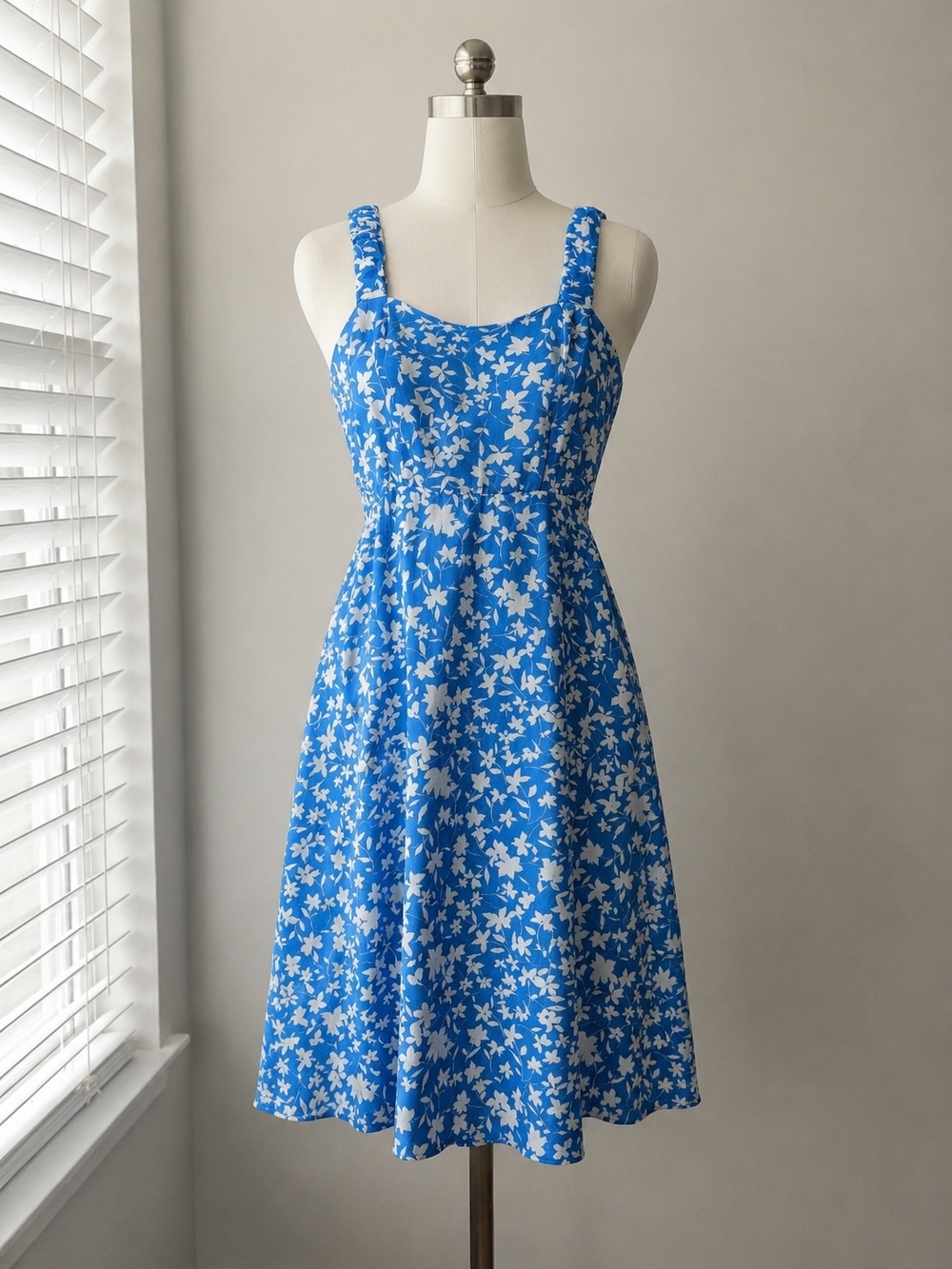 Blue Floral Sundress with White Blossom Print